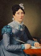 Portrat af Sarah Wolff f. Cruttendon siddende i bla kjole, skrivende et brev, Christoffer Wilhelm Eckersberg